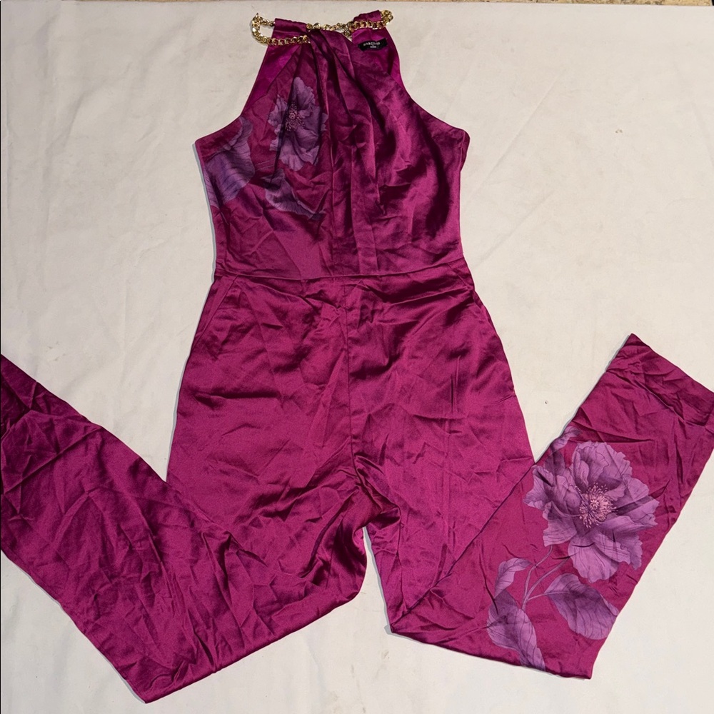 New Guess Marciano Halter Silky Floral Slim Hot Pink Jumpsuit 6 M